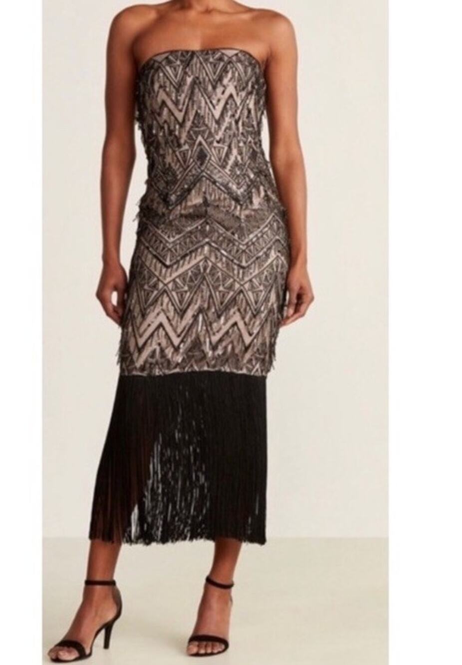 AIDAN MATTOX Sequined Embroidered Fringe Strapless Sheath Midi Black Dress Sz 12